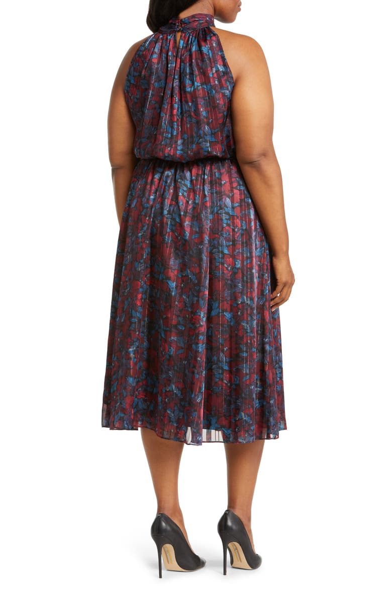 Floral Twist Neck Keyhole Midi Dress, Alternate, color, TITIAN RED / JUNIPER MULTI