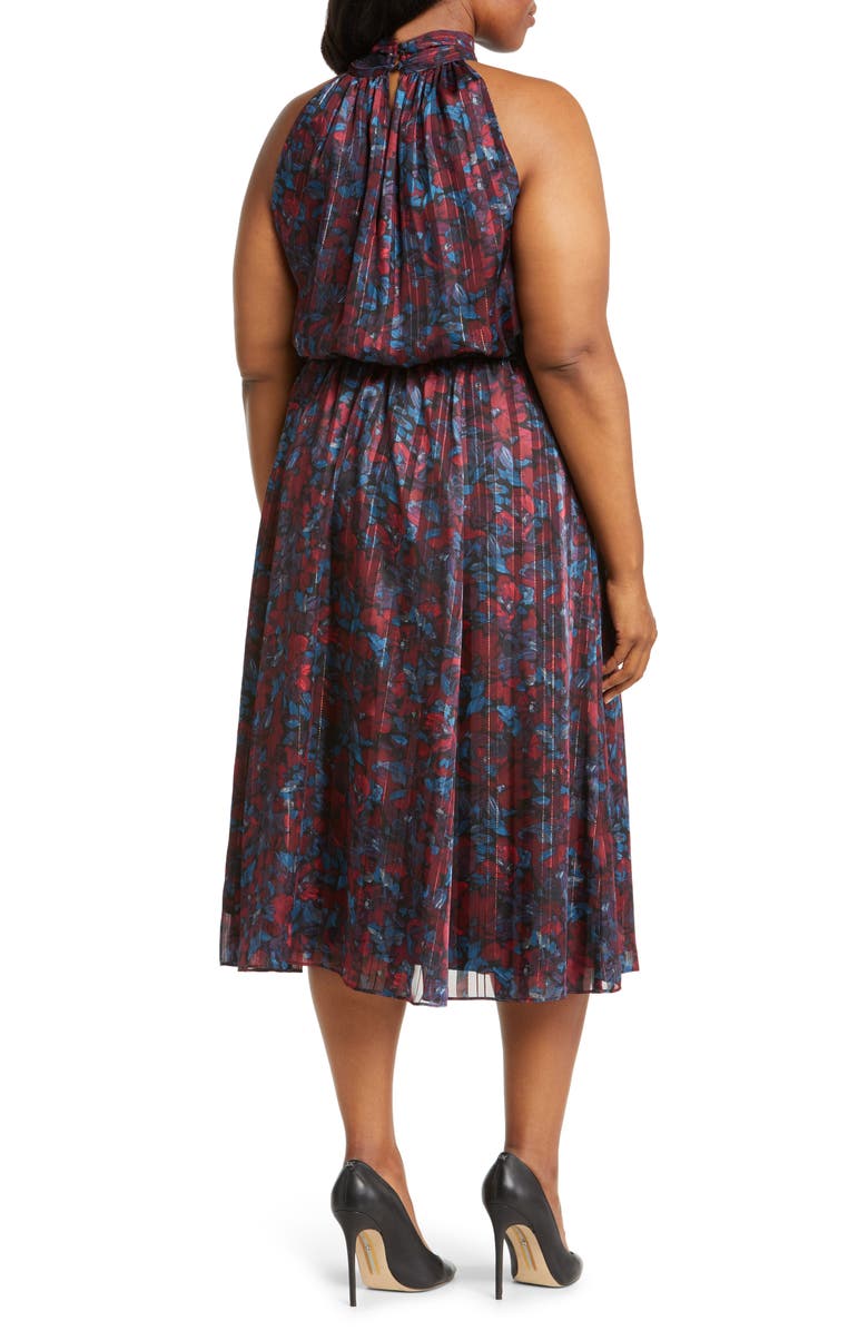 Anne Klein Floral Twist Neck Keyhole Midi Dress, Alternate, color, Titian Red / Juniper Multi