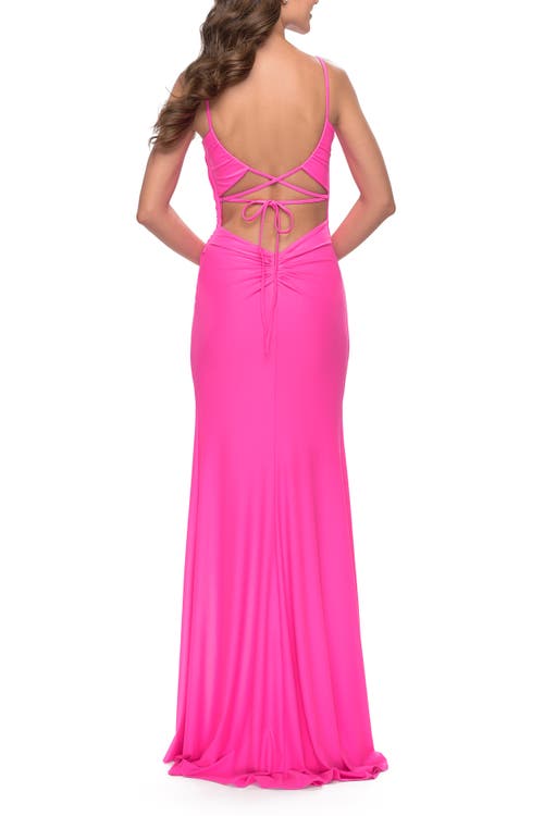 La Femme Elegant Jersey Dress With Ruching And Square Neckline In Neon Pink