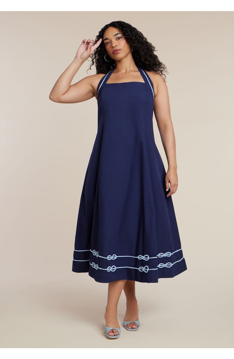 ELOQUII Halter Neck Poplin Midi Dress, Main, color, Evening Blue