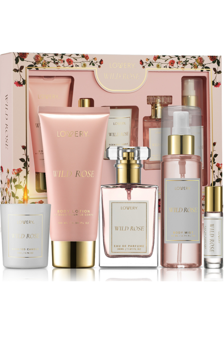 Lovery Wild Rose Bath and Body Care Fragrance Set, Luxury Gift Set with Soy Candle and more, Main, color, Pink Floral
