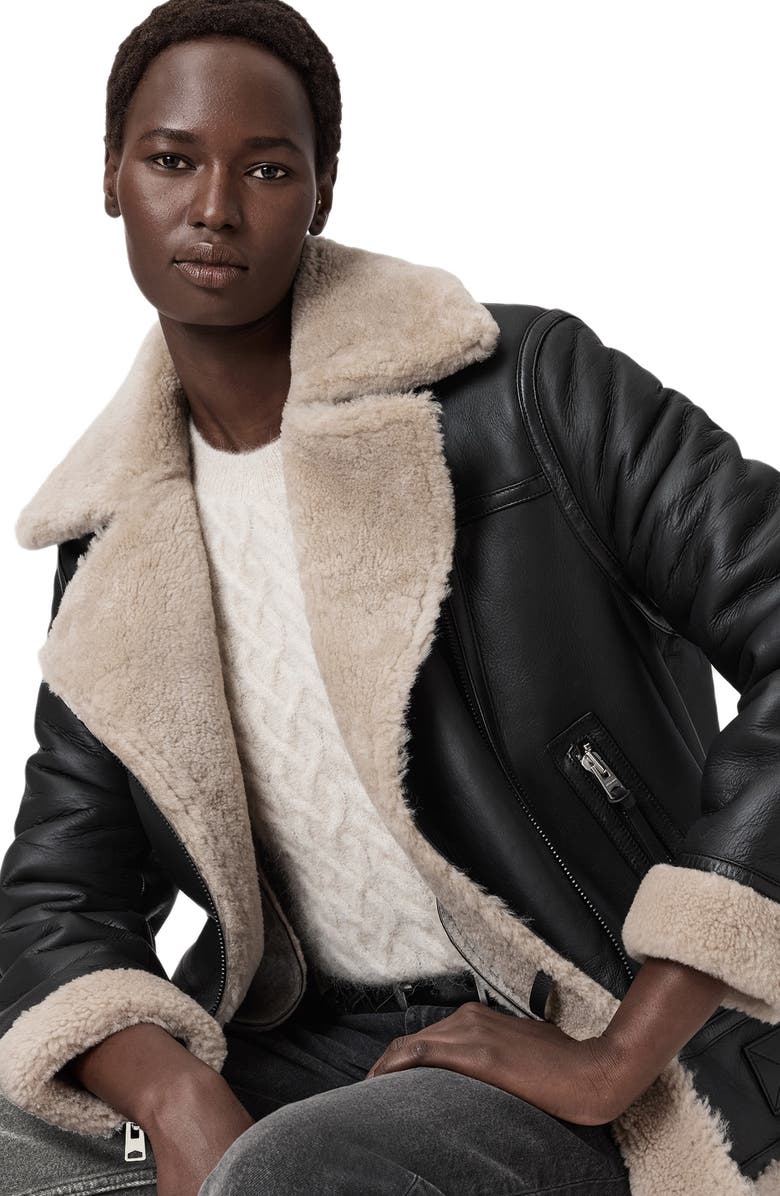 AllSaints Sola Oversize Genuine Shearling Biker Jacket, Alternate, color, Black/ Natural