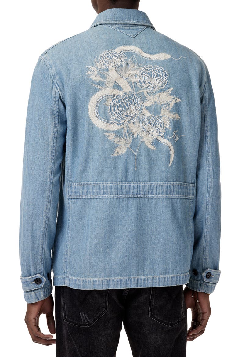 Jakob Embroidered Back Denim Shirt Jacket, Alternate, color, POND BLUE