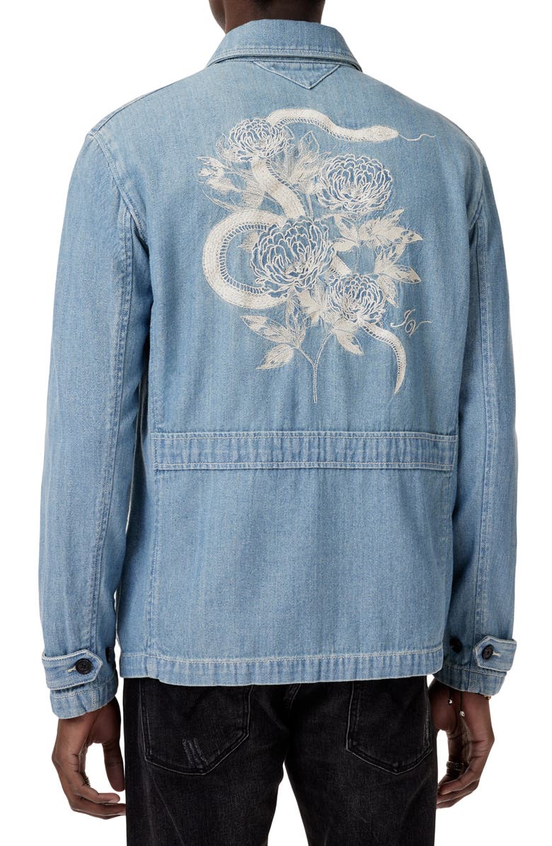 John Varvatos Jakob Embroidered Back Denim Shirt Jacket, Alternate, color, Pond Blue