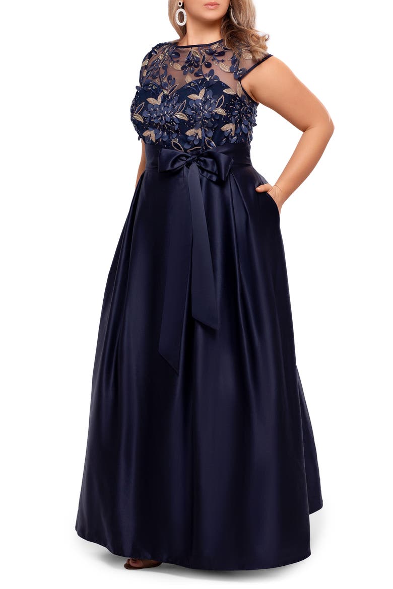 Xscape Metallic Floral Embroidery Cap Sleeve Ballgown, Alternate, color, NAVY/ GOLD