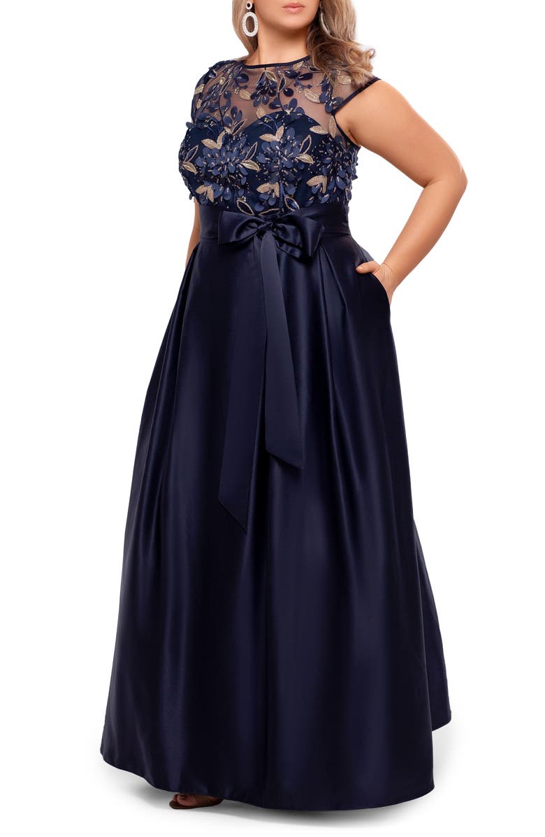 Xscape Evenings Xscape Metallic Floral Embroidery Cap Sleeve Ballgown, Alternate, color, 