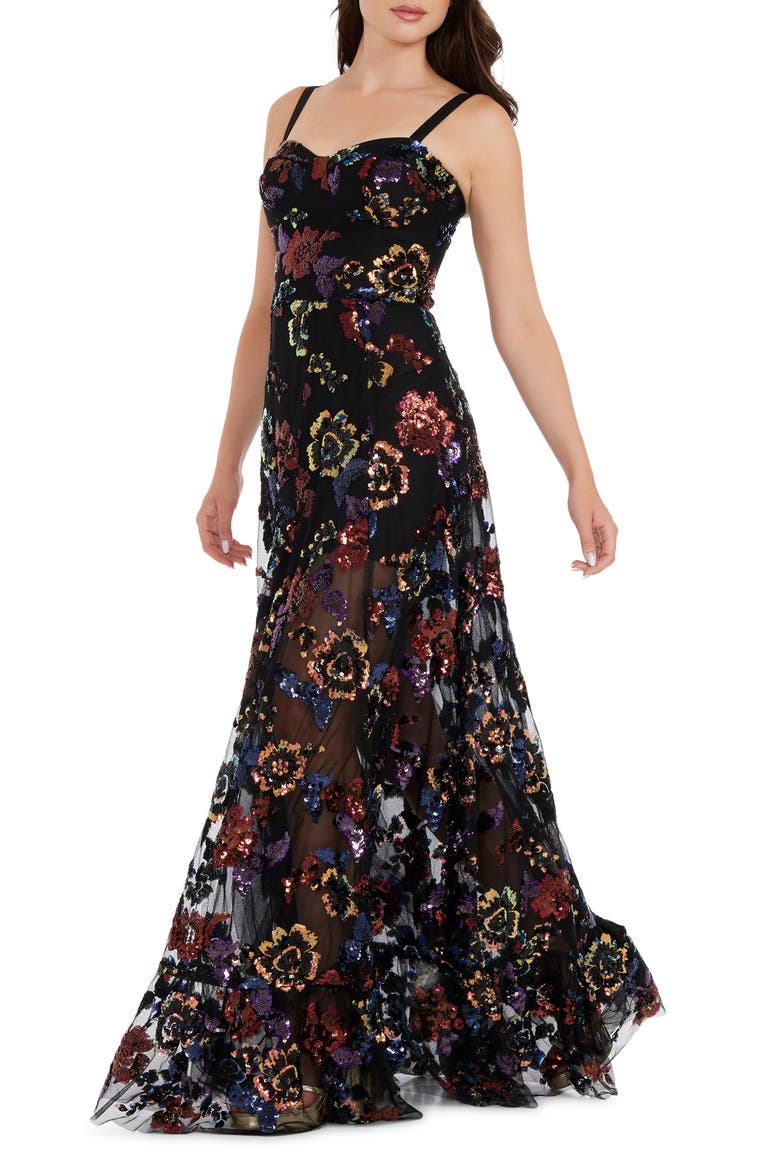 Anabel Sequin Floral Gown, Alternate, color, BLACK MULTI