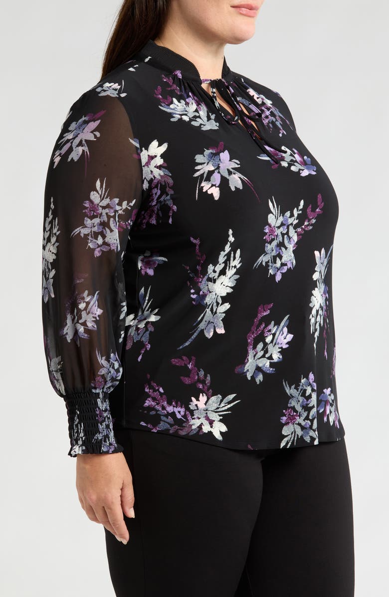 Anne Klein Floral Pleat Neck Chiffon Sleeve Top, Alternate, color,