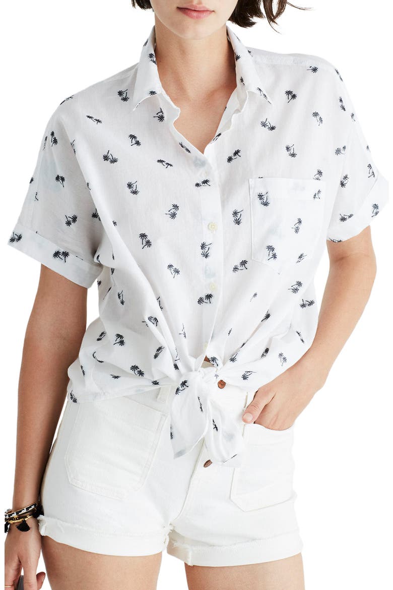 Palm Print Tie Front Shirt, Main, color, EYELET WHITE