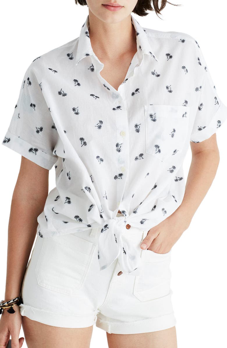 Madewell Palm Print Tie Front Shirt, Main, color, 