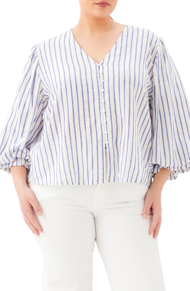 Karen Kane Stripe Linen Blend Shirt, Main, color, Off White/ Blue