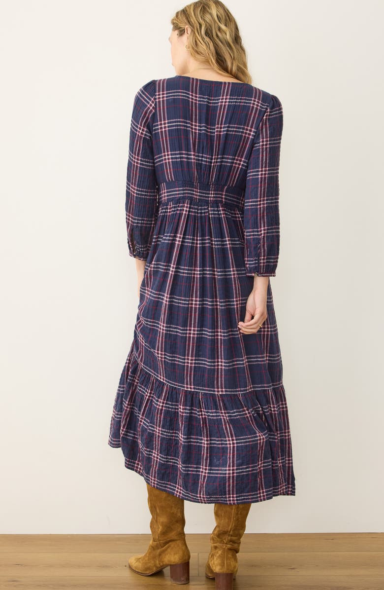Marine Layer Maeve Plaid Long Sleeve Tiered Midi Dress, Alternate, color, Twilight Plaid