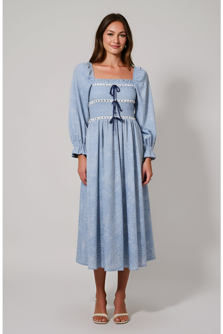 Paisley Print Smocked Bodice Midi Dress with Bow Accents, Main, color, Paisley Print