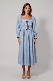 Modenaire Paisley Print Smocked Bodice Midi Dress with Bow Accents