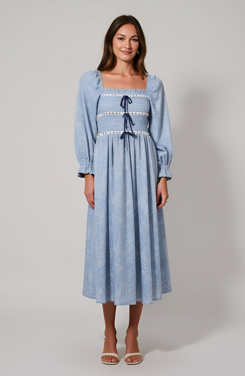 Modenaire Paisley Print Smocked Bodice Midi Dress With Bow Accents In Blue