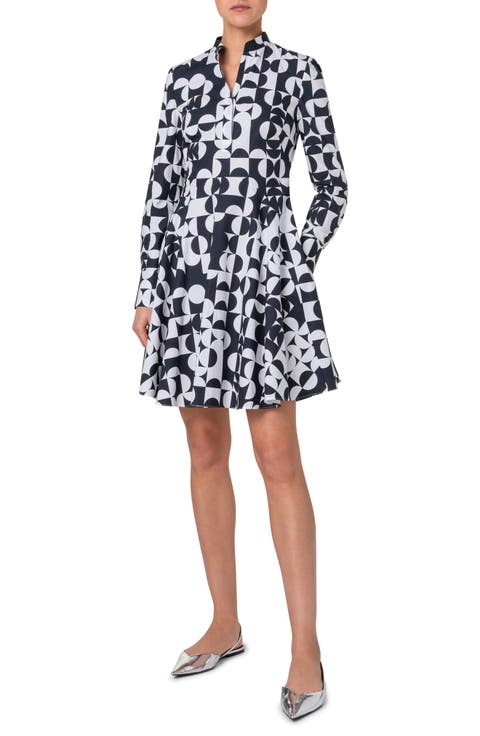 Mini Half Grid Circle Print Long Sleeve Shirtdress