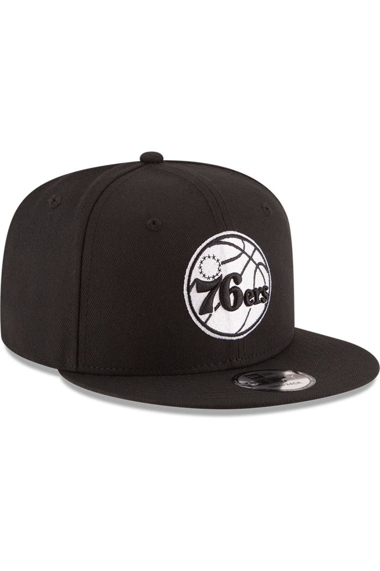 Men's New Era Black Philadelphia 76ers Black & White Logo 9FIFTY Adjustable Snapback Hat, Alternate, color, Black