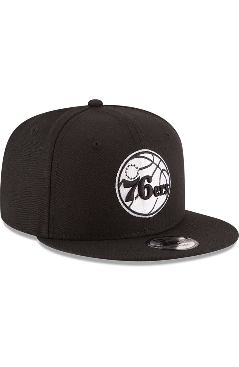 New Era Men's New Era Black Philadelphia 76ers Black & White Logo 9FIFTY Adjustable Snapback Hat, Alternate, color, Black