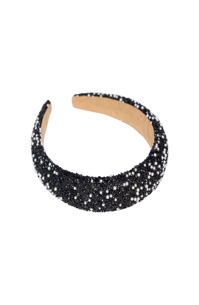 Malibu Sugar Beaded and pearl thick puff headband, Main, color, Black