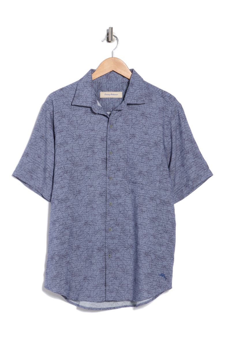 Etched Hibiscus Short Sleeve Button-Up Shirt, Alternate, color, ISLAND NAVY