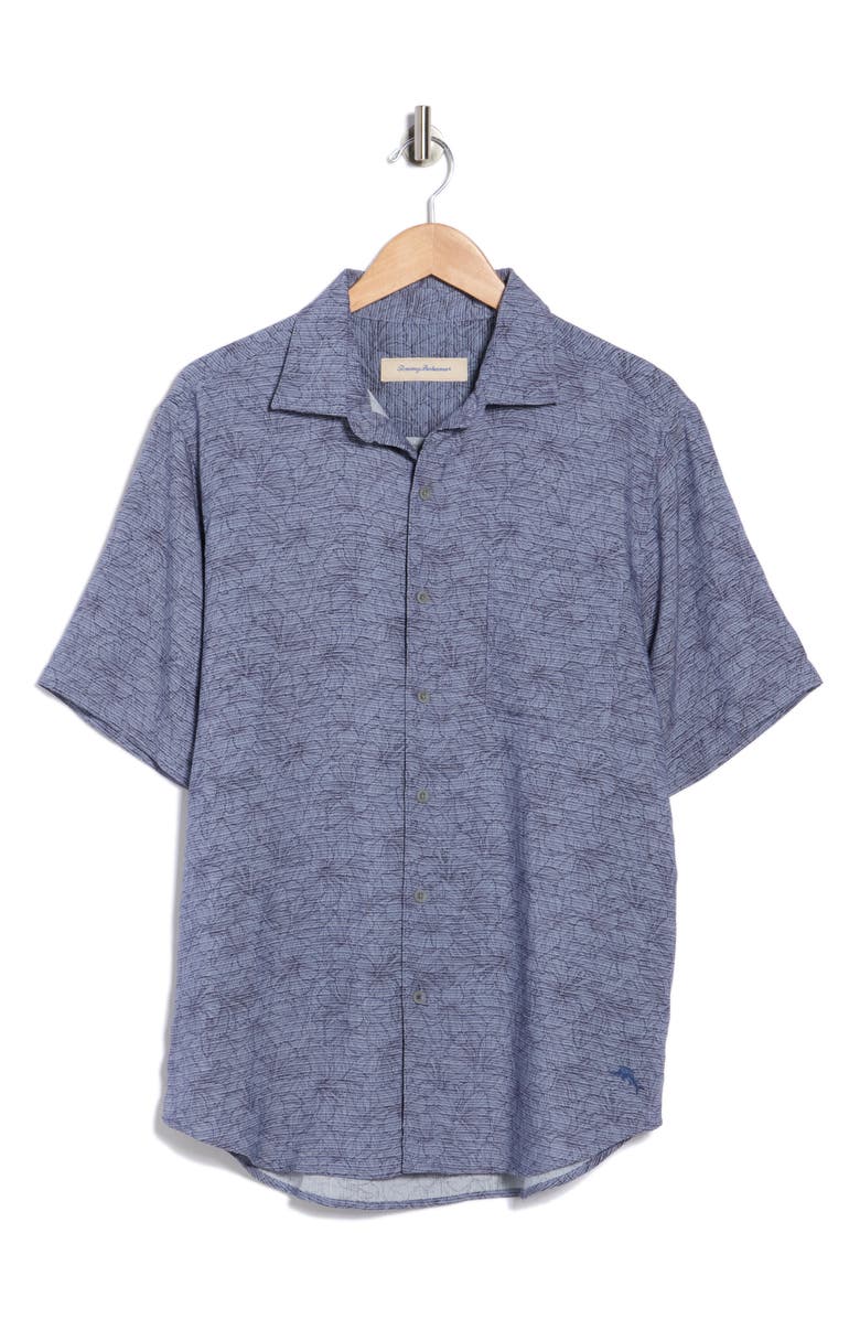 Tommy Bahama Etched Hibiscus Short Sleeve Button-Up Shirt, Main, color, Island Navy