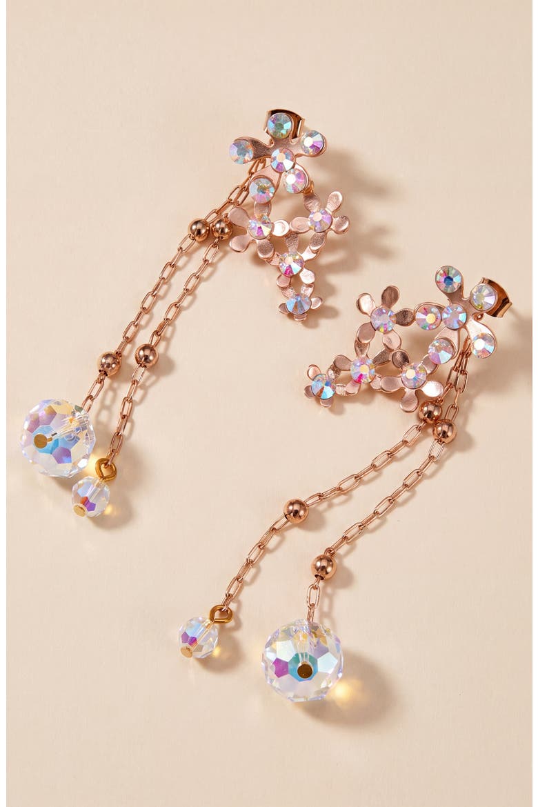 Crystal Flower Drop Earrings with Dangle Chains, Alternate, color, Rose Gold
