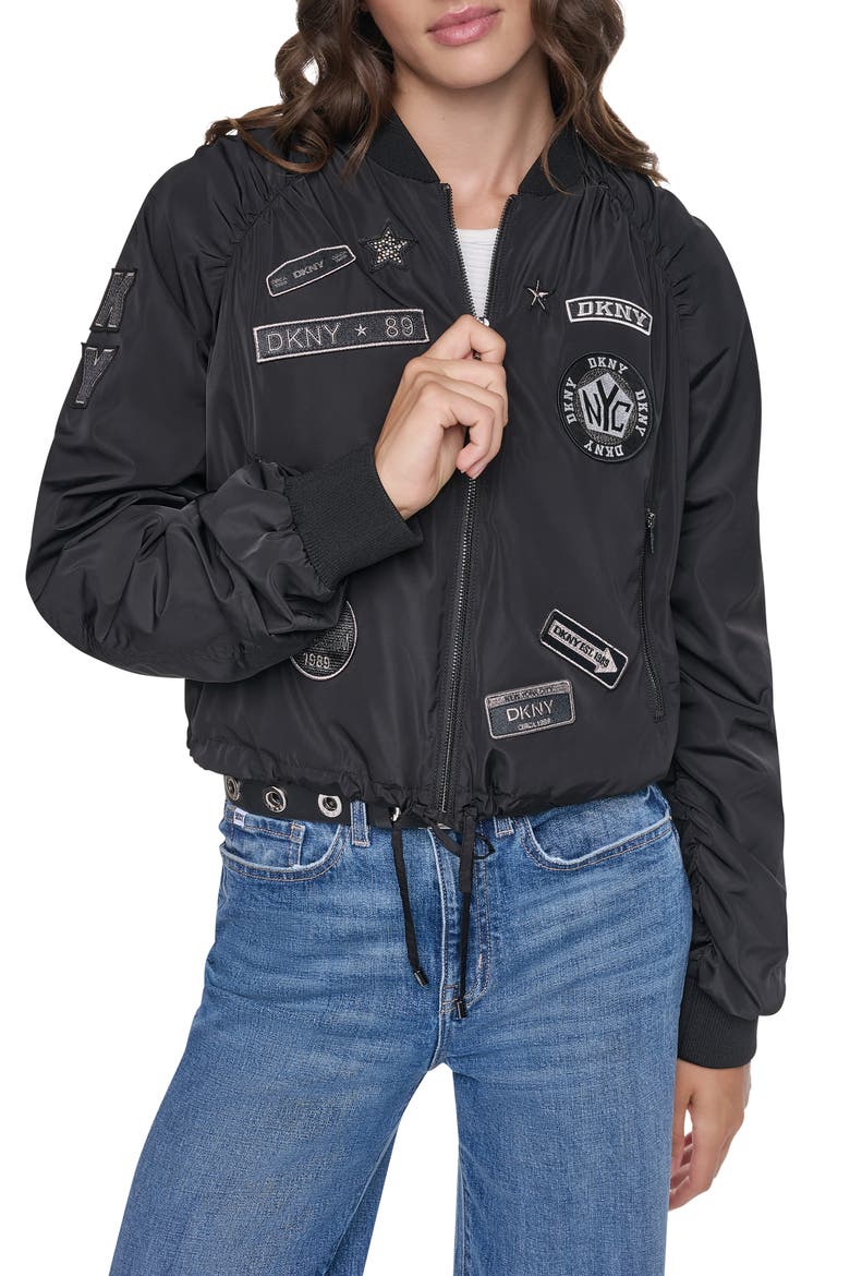 Ruched Pins & Patches Bomber Jacket, Main, color, BLACK