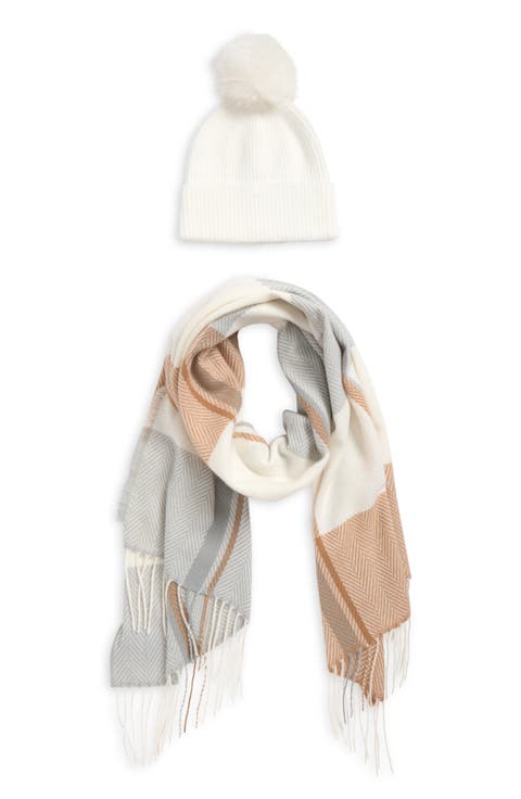 Plaid Wrap Scarf & Faux Fur Pompom Beanie Set