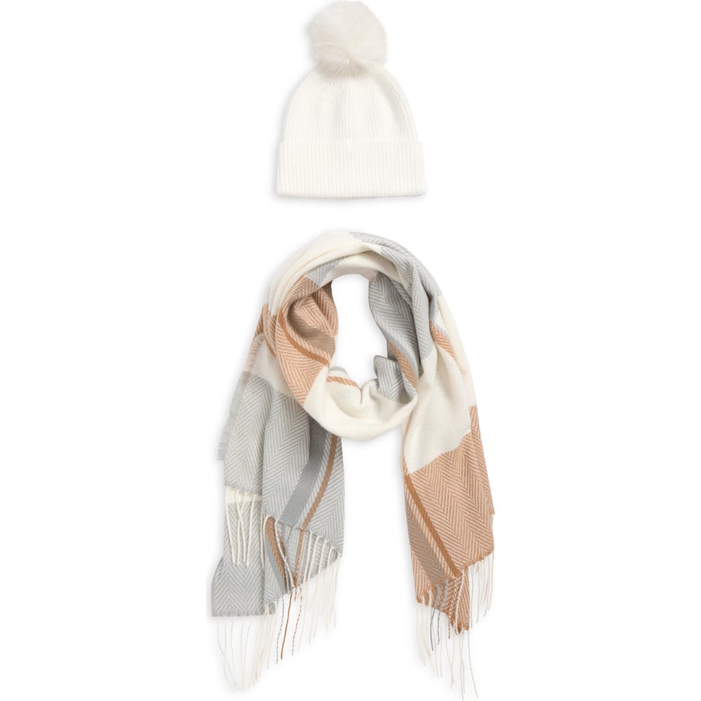 Vince Camuto Plaid Wrap Scarf & Faux Fur Pompom Beanie Set In White