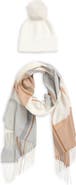 Vince Camuto Plaid Wrap Scarf & Faux Fur Pompom Beanie Set