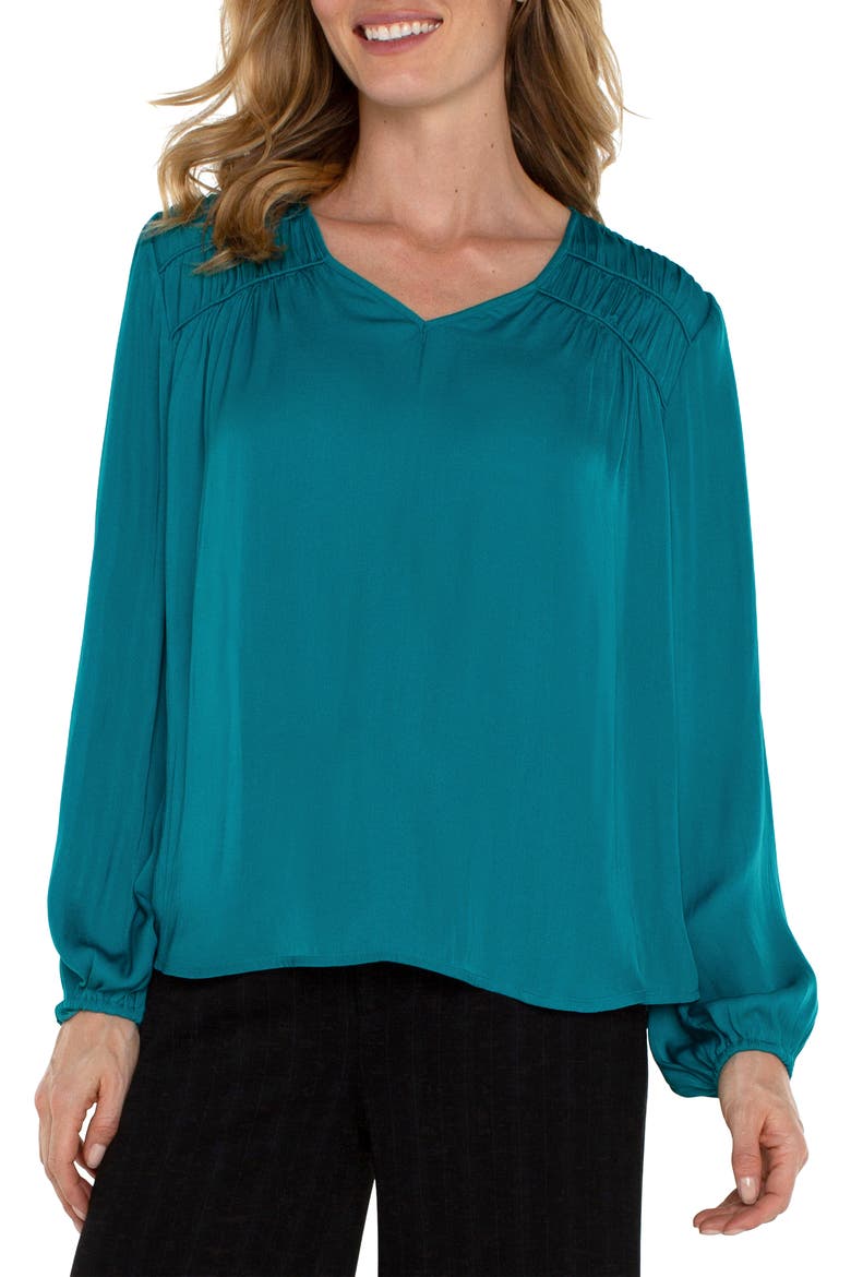 Shirred V-Neck Top, Main, color, MALACHITE
