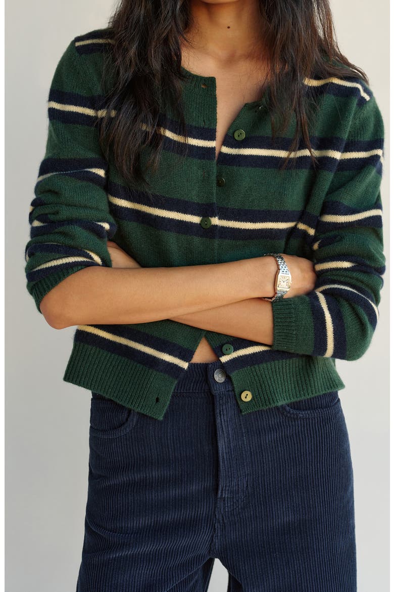 Clara Stripe Cashmere Cardigan, Main, color, DARK PINE MULTI STRIPE