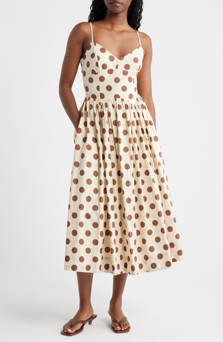 Lucy Paris Everly Dot Sleeveless Midi Dress, Main, color, Cream Brown