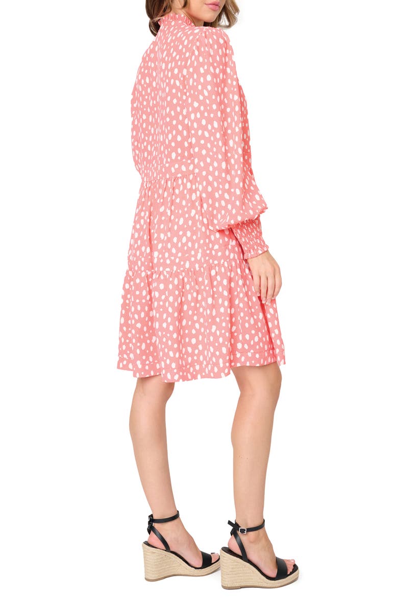 Printed Tiered Long Sleeve Dress, Alternate, color, CORAL ABTRACT DOT