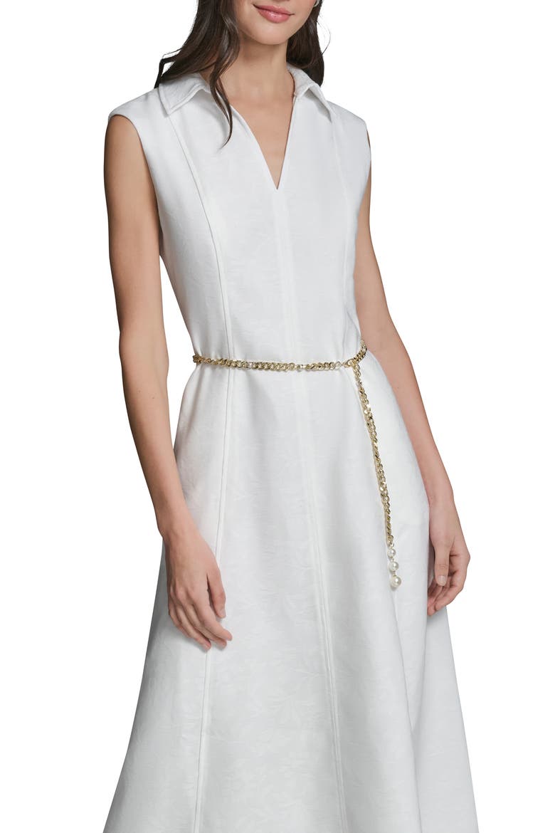 Floral Jacquard Midi Dress with Chain Belt, Alternate, color, SOFT WHITE
