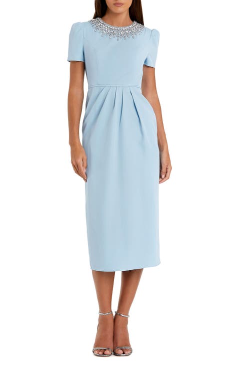 Hand Embellished Rhinestone Neckline Column Dress