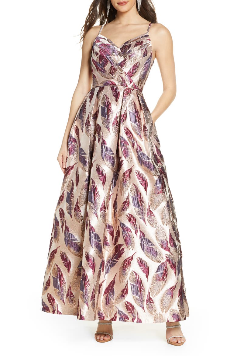 Feather Brocade A-Line Gown, Main, color, MERLOT/ ROSE