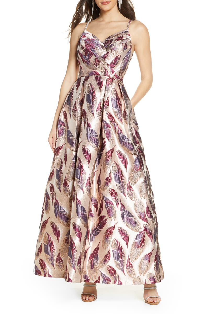 Morgan & Co. Feather Brocade A-Line Gown, Main, color, 