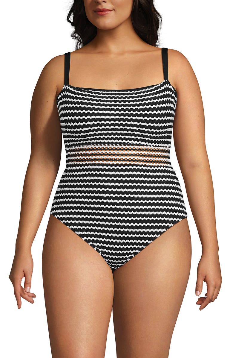 Lands' End Plus Size Crochet Square Neck High Leg One Piece Swimsuit, Alternate, color, Black/White