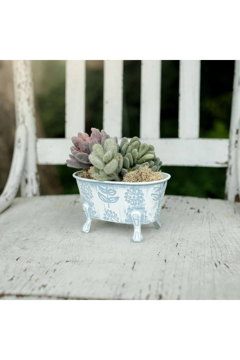 Embossed Blue Floral Metal Planter Bathtub Soap Dish Holder 3.74" x 6.1", Alternate, color, Blue