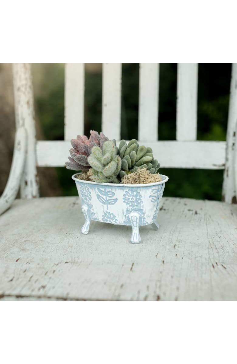 Foreside Home and Garden Embossed Blue Floral Metal Planter Bathtub Soap Dish Holder 3.74" x 6.1", Alternate, color, Blue