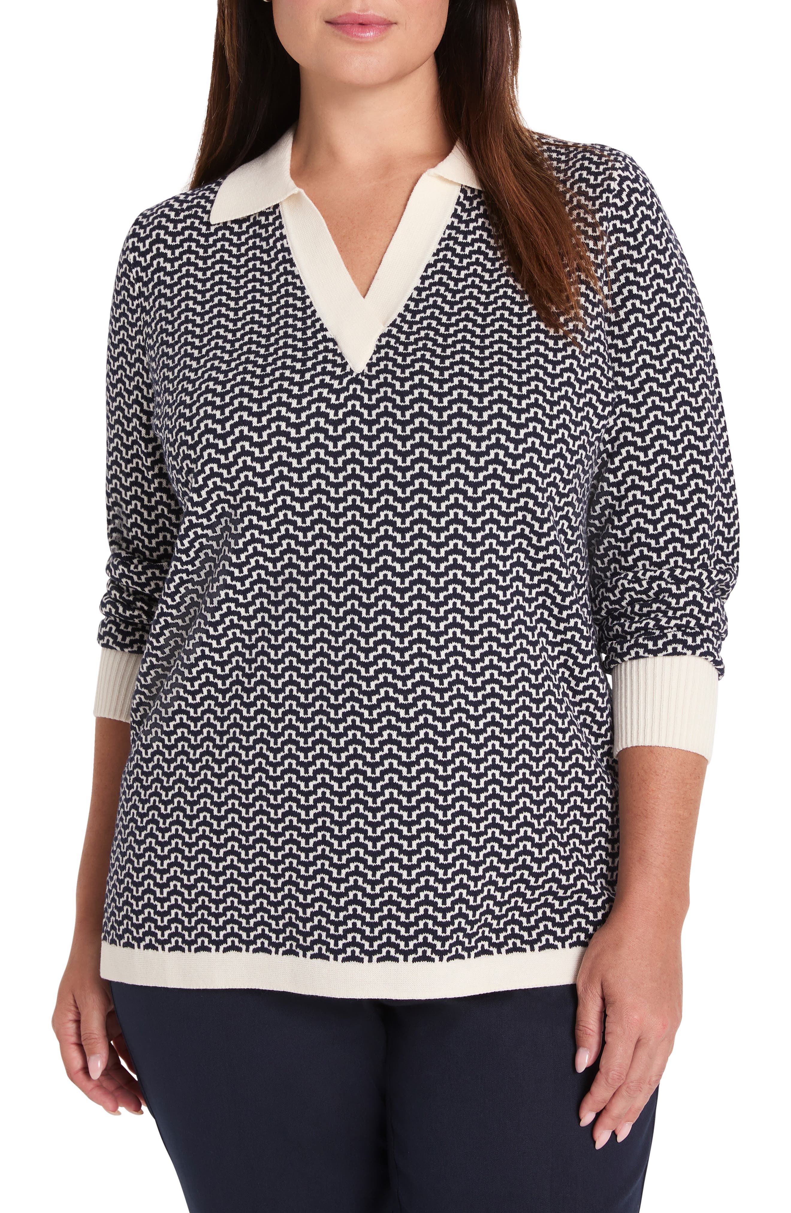Two-Tone Jacquard Cotton Blend Sweater