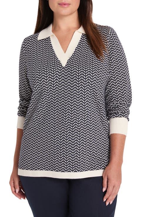 Two-Tone Jacquard Cotton Blend Sweater (Plus)