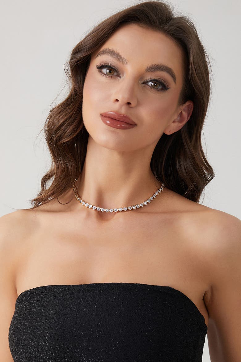 Heart Shaped Zirconia Tennis Choker Necklace, Alternate, color, Gold