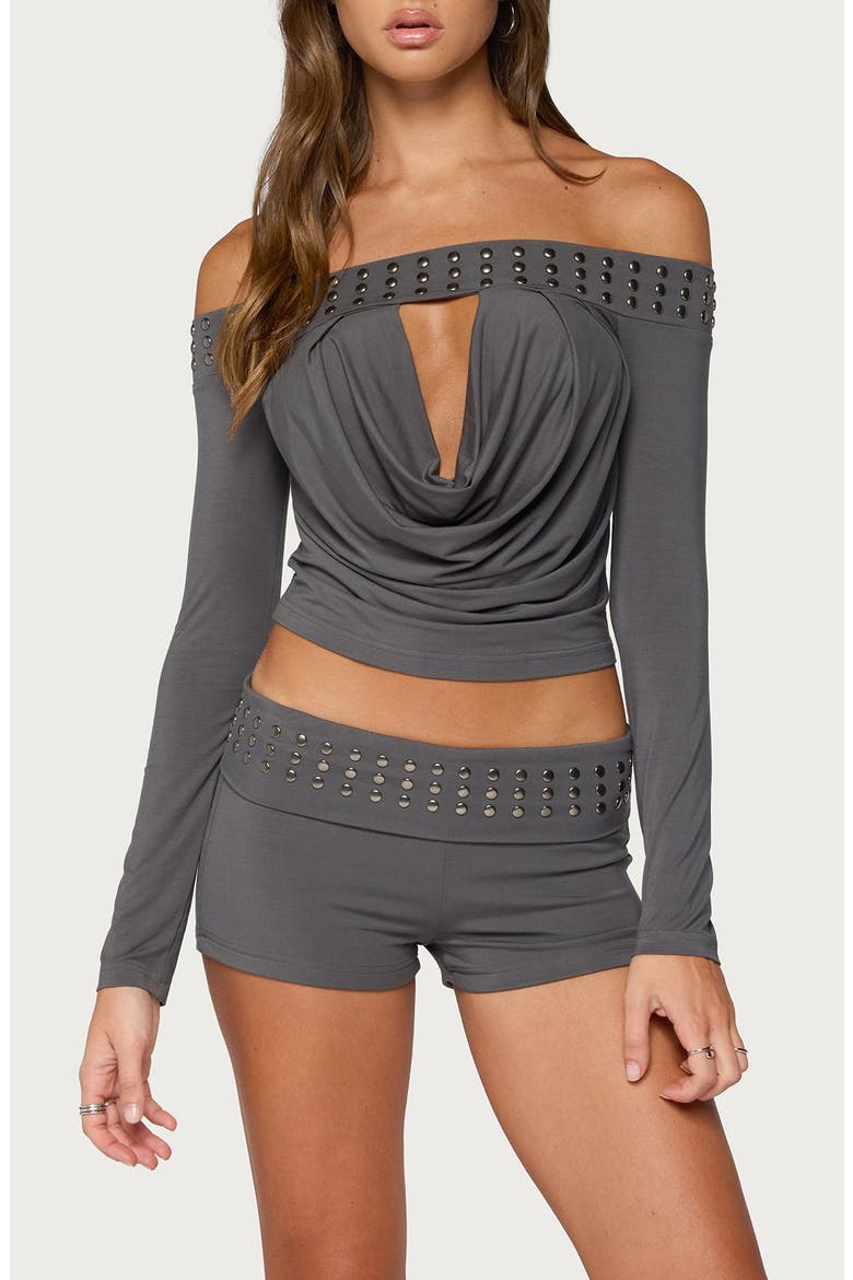 Amy Studded Off the Shoulder Cowl Neck Top, Main, color, DARK-GRAY