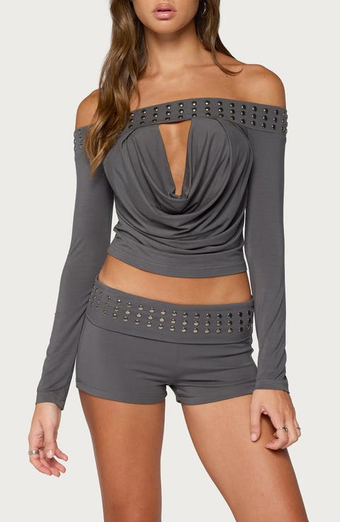 Amy Studded Off the Shoulder Cowl Neck Top