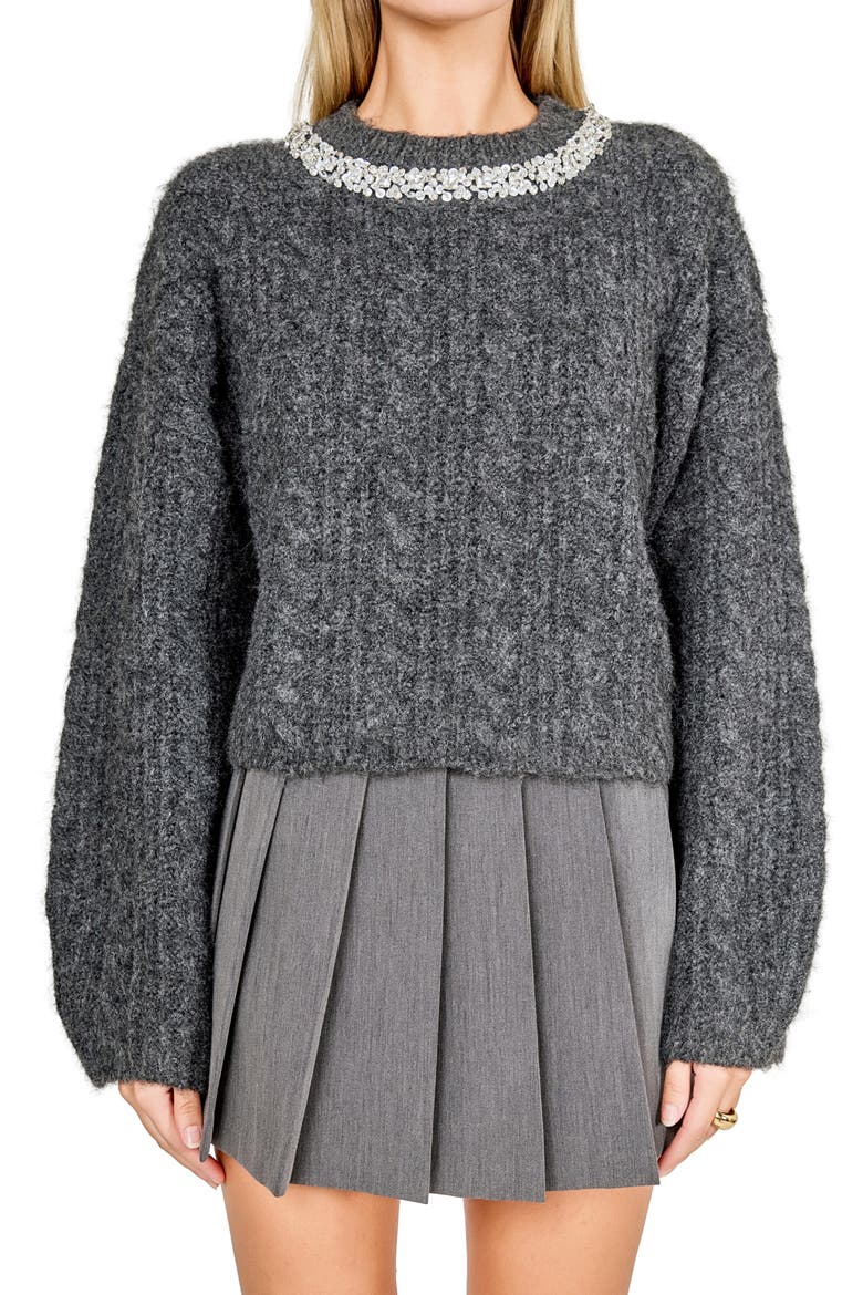 Jewel Fuzzy Cable Stitch Sweater, Alternate, color, CHARCOAL