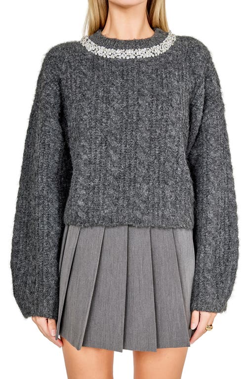 Endless Rose Jewel Fuzzy Cable Stitch Sweater In Gray