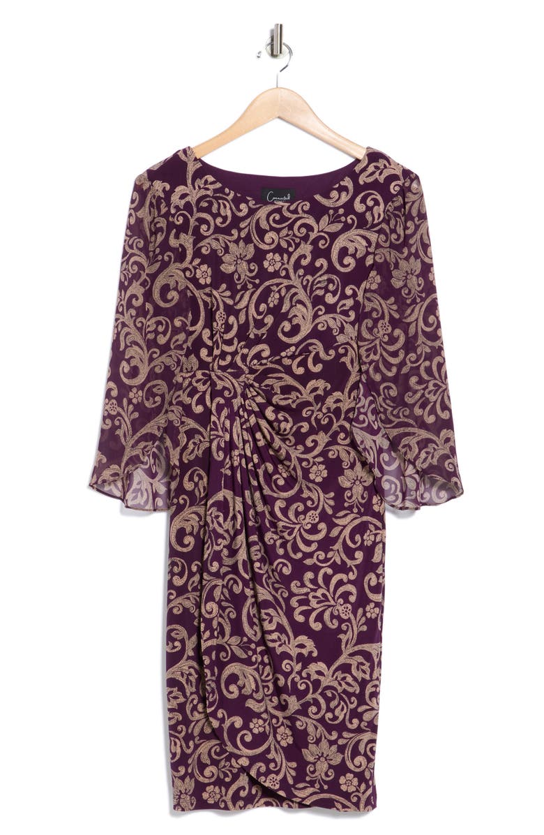 Connected Apparel Floral Cape Sleeve Faux Wrap Dress, Alternate, color, Aubergine