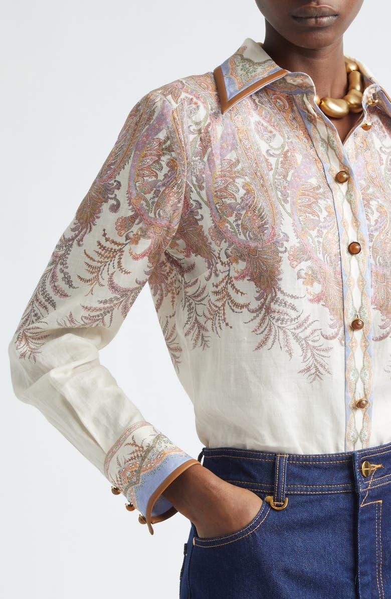 Zimmermann Alchemy Paisley Ramie Button-Up Shirt, Alternate, color, Cream Paisley